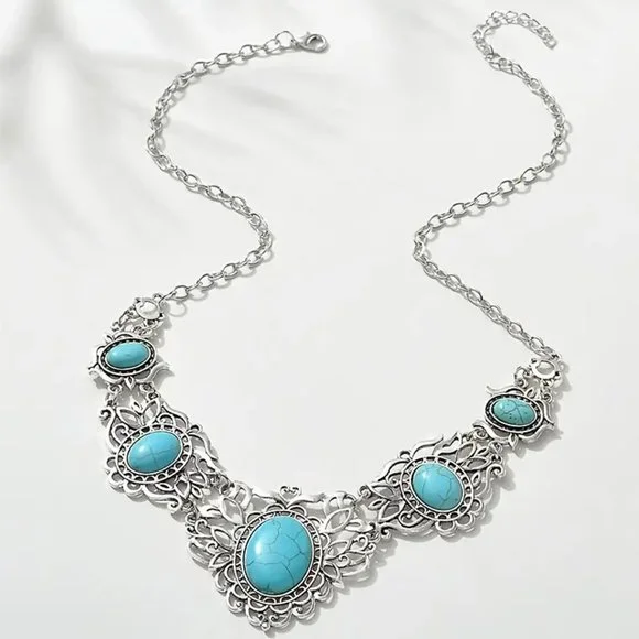 Bohemia Vintage Turquoise Necklace Earrings Jewelry Set Elegant Party Gift - Picture 4 of 5